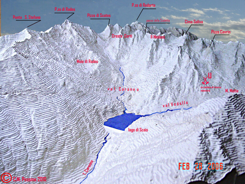 Un plastico unico e irripetibile Plastico della val Vedello e Caronno e della alta valle di Fiumenero alla scala 1:5.000. Realizzato da Benito Piacenza in più blocchi per permetterne la visione geologica all’interno. Il plastico dovrebbe trovarsi al Museo etnografico di Ardesio (Bg).
Fotografia, nomenclatura e ricostruzione artistica di C.M.Pessina